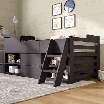 White LUNEBY kids' cabin bed with drawers and shelves
