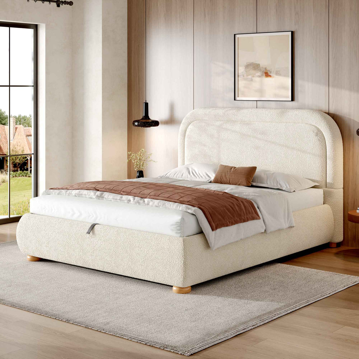 Double Bed 4ft6 | Bouclé Ottoman, Hydraulic Storage & Curved Headboard, Beige