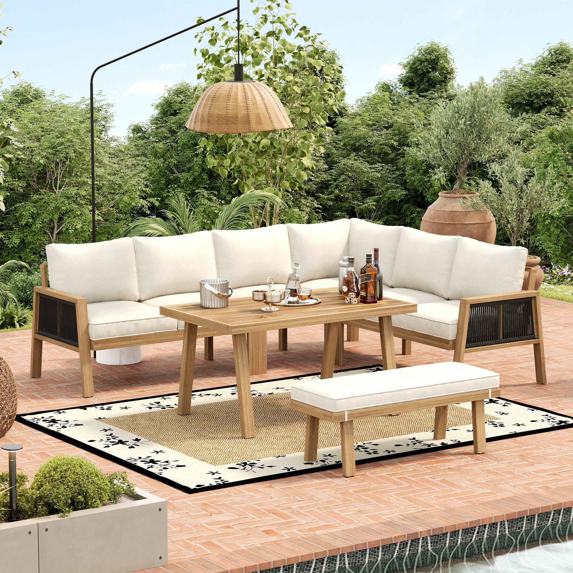 6-7 Seater Garden Lounge & Dining Set, Acacia Wood Frame Outdoor Patio Furniture