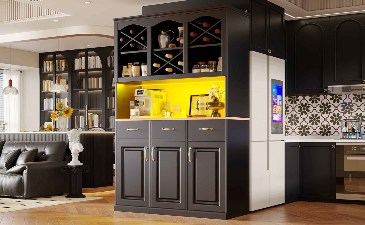 Tall Kitchen Cabinet 120x40x180cm | 3 Doors, 3 Drawers & App-Controlled LED, Black