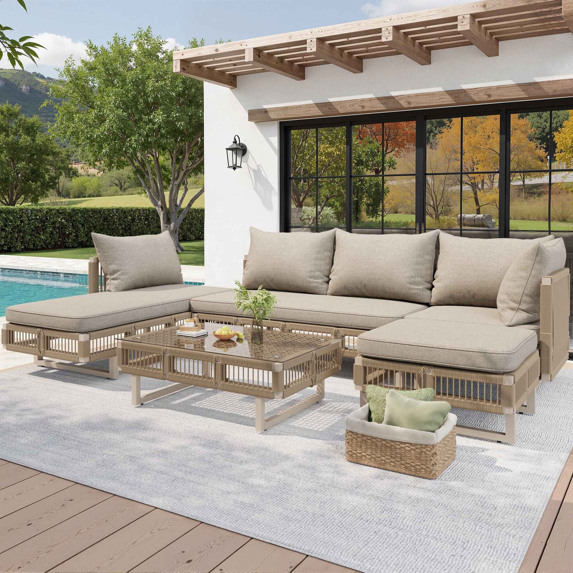 VOIOR Modular Rope-Woven Outdoor Sofa Set With Tempered Glass Coffee Table