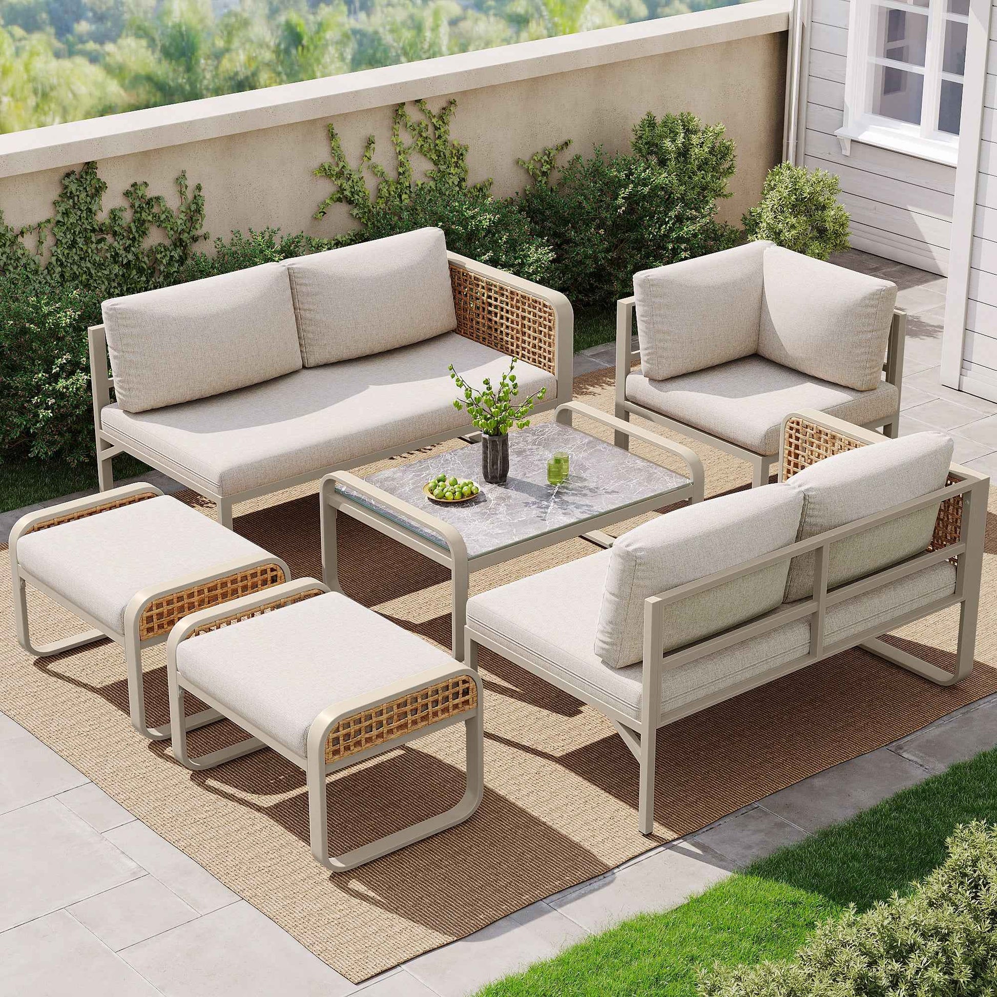 RIDO Outdoor Garden Lounge Set, Rattan Furniture Set For 6-7 People  Beige