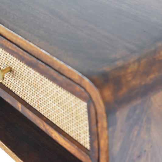 MIKAS Solid Wood Chestnut Wall Mounted Open Woven Bedside, 1 Drawer, 1 Shelf, Dark Brown