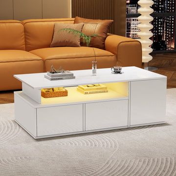 High Gloss Coffee Table With Open Storage, LED Lights, Centre Table With 2 Drawers, Sofa Side Table, Space-saving End Table, Tea Table, 100X50X35cm, White, Particleboard