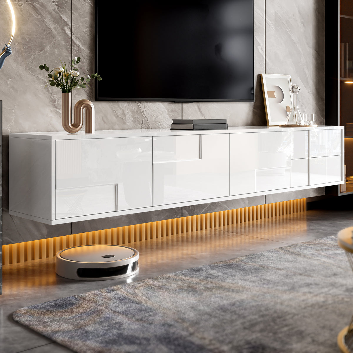 High-Gloss White TV Unit – 167cm, Wall-Mounted or Freestanding, 3 Doors & 2 Drawers