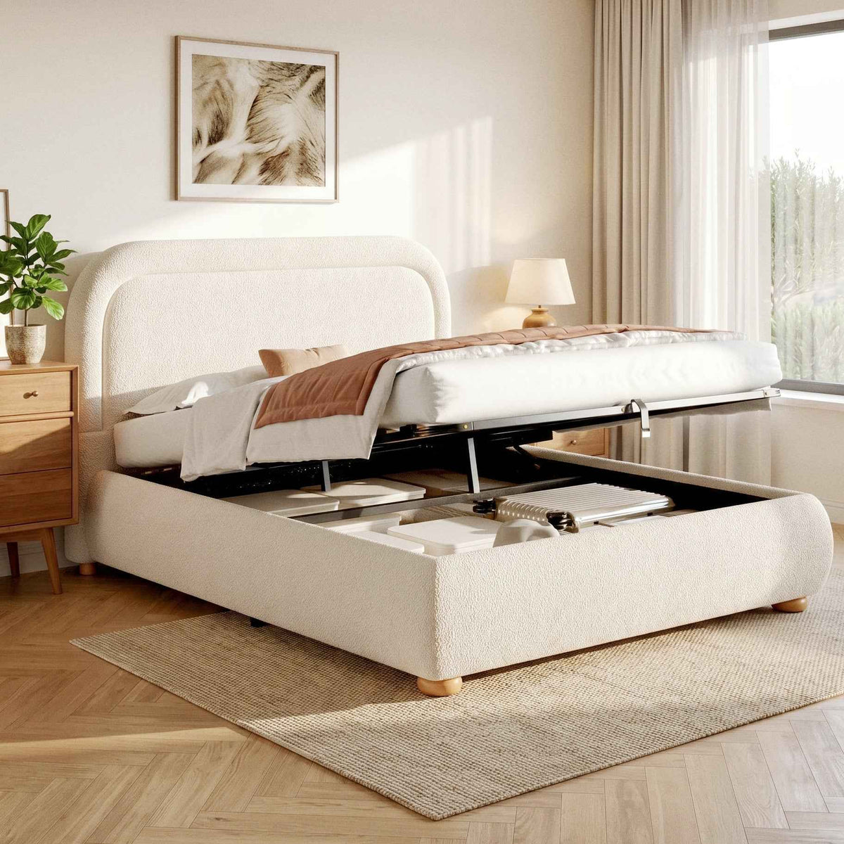 Double Bed 4ft6 | Bouclé Ottoman, Hydraulic Storage & Curved Headboard, Beige