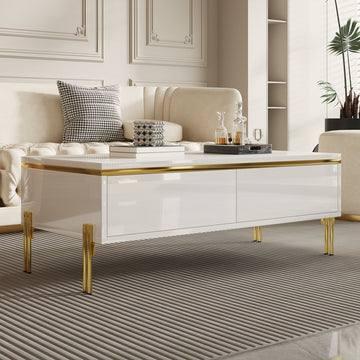High-Gloss White Coffee Table with Drawers – 100 x 50 x 36cm, Gold Accents