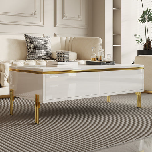 High-Gloss White Coffee Table with Drawers – 100 x 50 x 36cm, Gold Accents