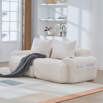 Modular 2-Seater Corduroy Sofa – Compressed Delivery, Cup Holders & Side Pockets, Beige