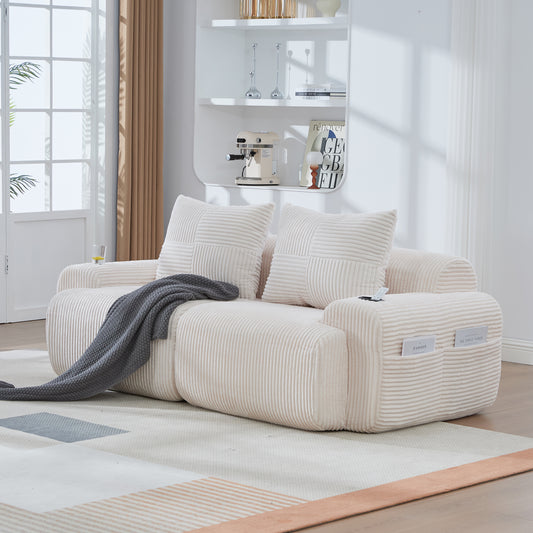 Modular 2-Seater Corduroy Sofa – Compressed Delivery, Cup Holders & Side Pockets, Beige