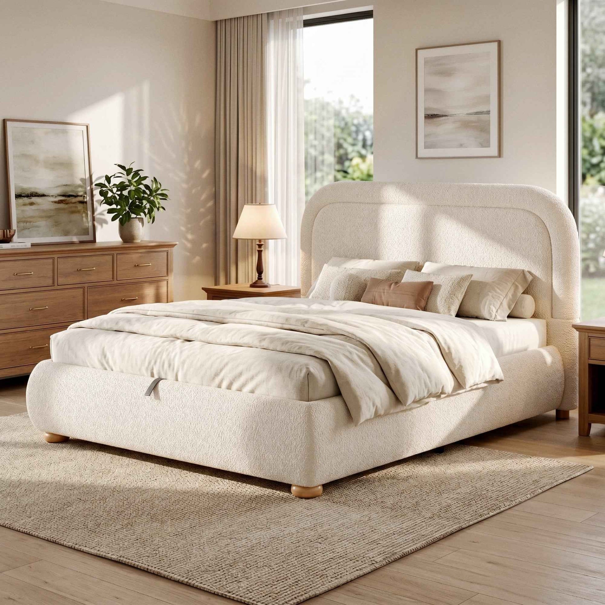 Double Bed 4ft6 | Bouclé Ottoman, Hydraulic Storage & Curved Headboard, Beige