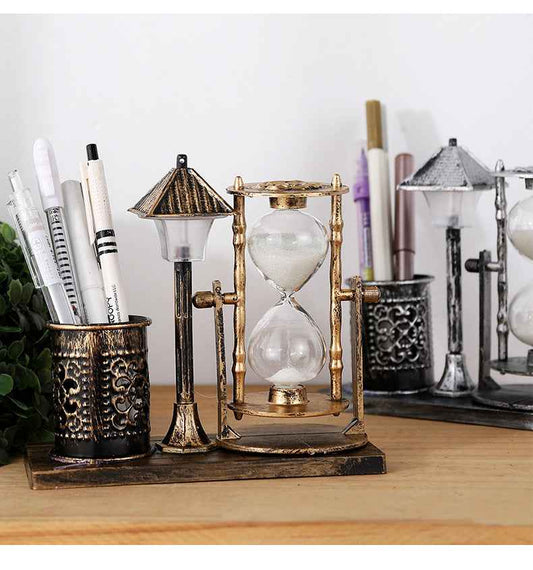 Retro Sandglass Pen Holder Case Office Home Desk Stationery Organizer Decoration