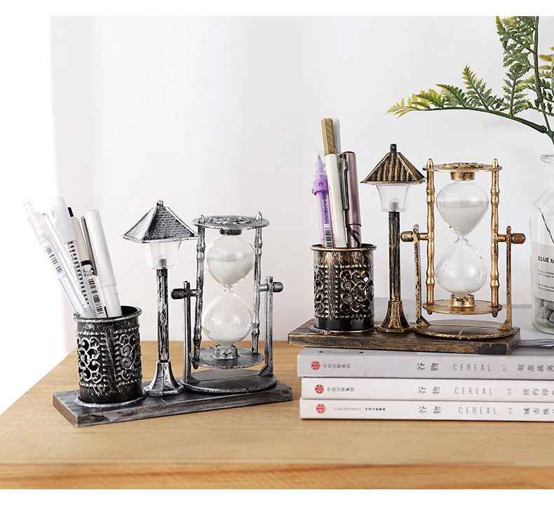 Retro Sandglass Pen Holder Case Office Home Desk Stationery Organizer Decoration
