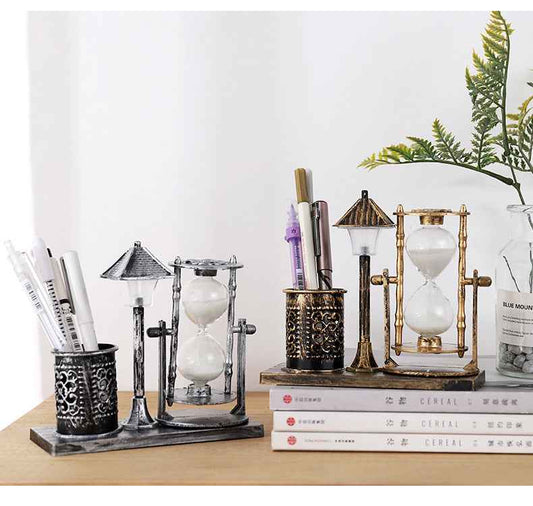 Retro Sandglass Pen Holder Case Office Home Desk Stationery Organizer Decoration