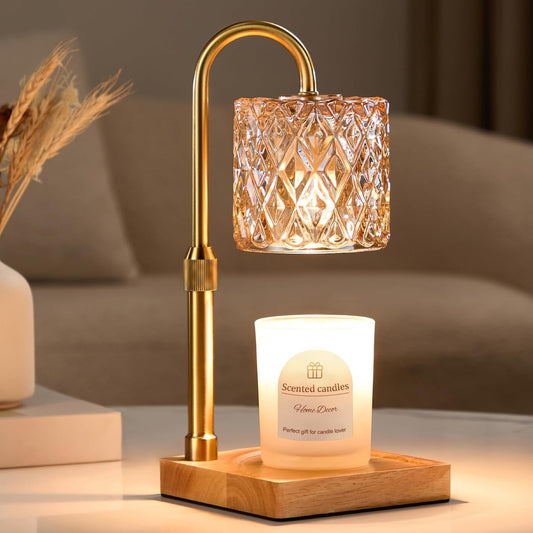Amber glass candle warmer lamp on solid-wood base – image 2