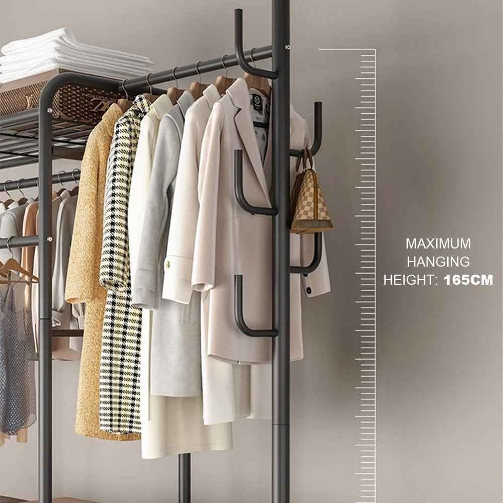 Heavy Duty Double Clothes Rail Rack Garment Hanging Stand Wardrobe Shelf--25Q-WIN-UK-Clothes Black