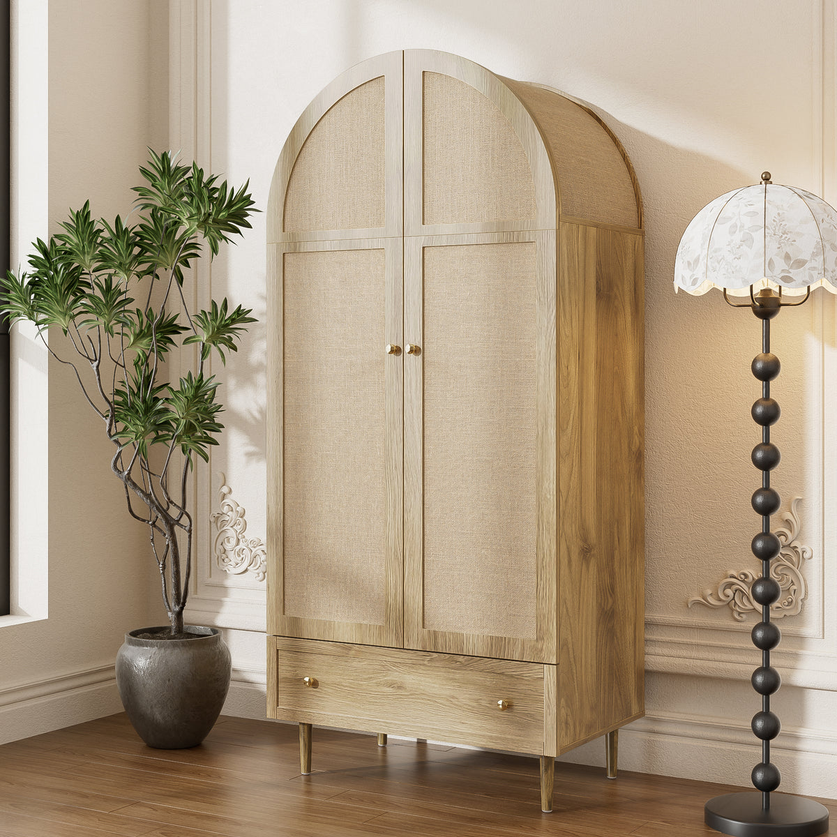 ELSA wood-effect wardrobe with fabric doors