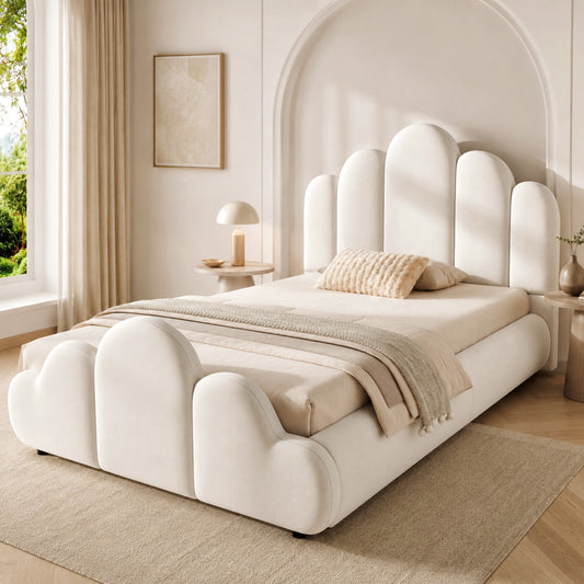 Petal Velvet Bed Frame – 3ft Single (90 x 190cm), Flower Headboard, Beige