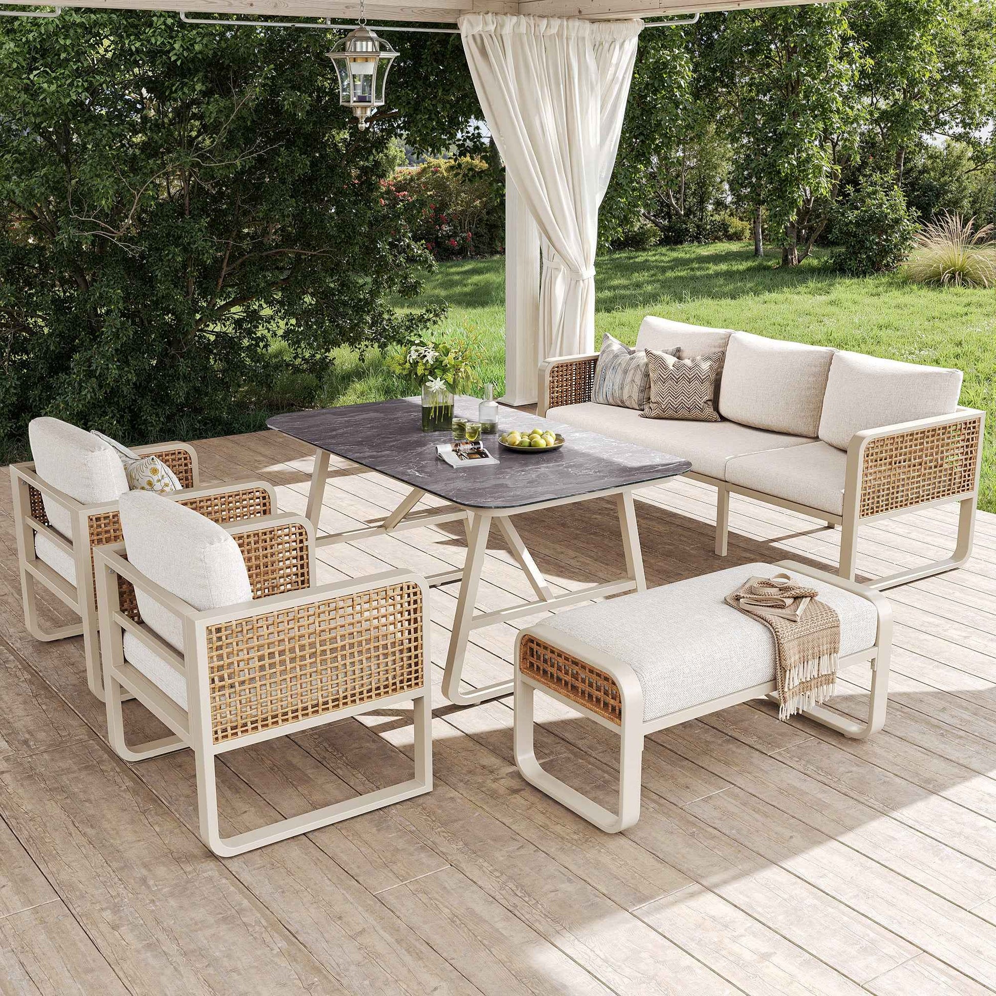 Garden Lounge Set For 6-7 People, PE Rattan Seating Group Incl. Side Table Beige