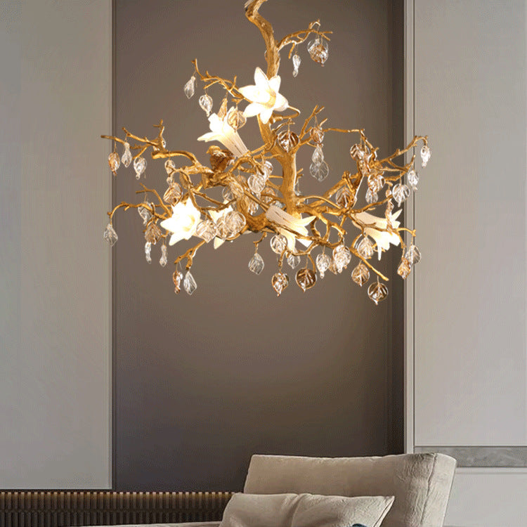 Brass Branch Chandelier with Glass Shades