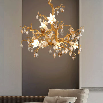 Brass Branch Chandelier with Glass Shades
