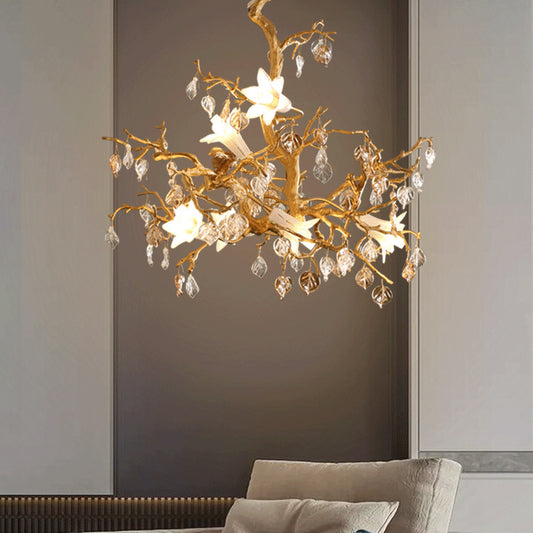 Brass Branch Chandelier with Glass Shades
