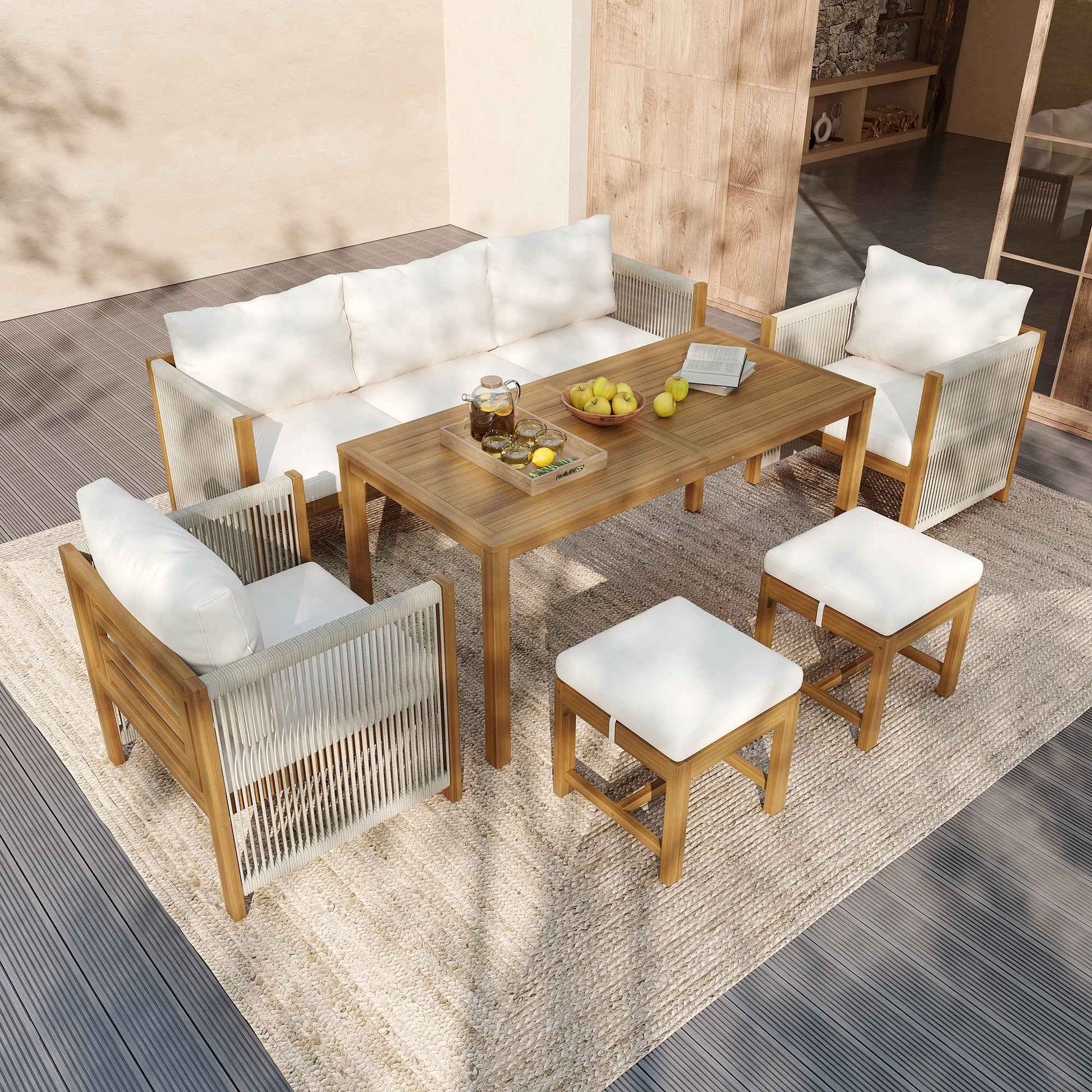 7-Seater Garden Lounge & Dining Set, Acacia Wood Frame Outdoor Patio Furniture