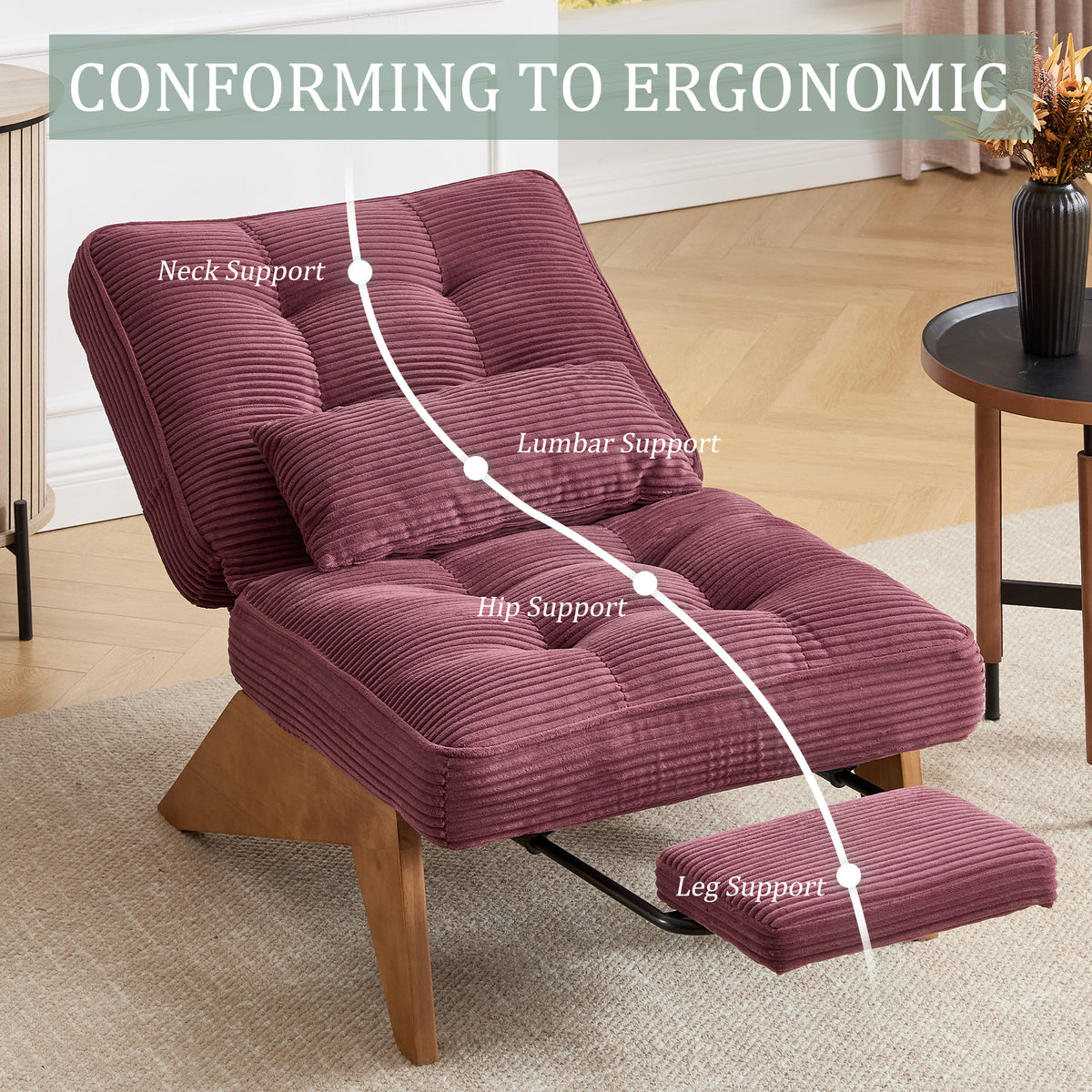 RIVA Striped Corduroy Lounge Chair with Fold-Out Footstool – Wine Red