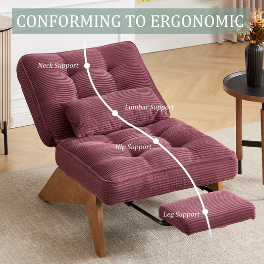 RIVA Striped Corduroy Lounge Chair with Fold-Out Footstool – Wine Red