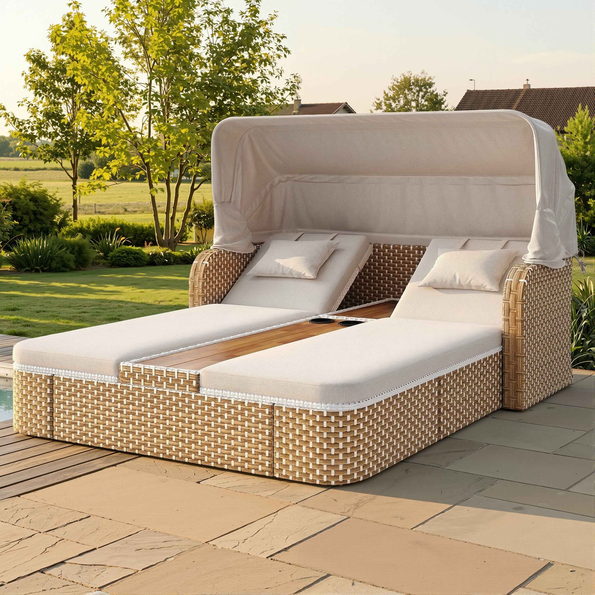 Outdoor Wicker Double Chaise Lounge With Adjustable Canopy, 5-Position Reclining Backrests, Built-in Cup Holders, For Patio & Poolside