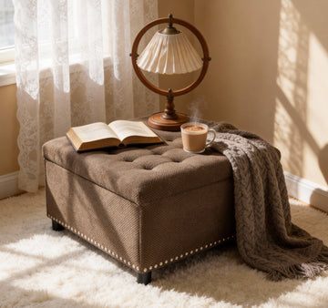 MARLO Square Storage Ottoman – 76cm, Studded Trim, Coffee