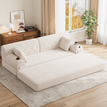 3-Seater Corduroy Sleeper Sofa – Compressed Delivery, High Back & Cup Holders, Beige