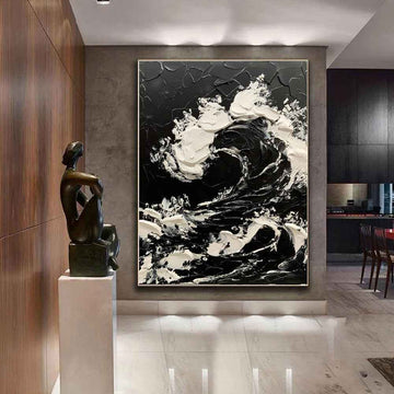 Large Size Hand-painted Black White Sea Waves