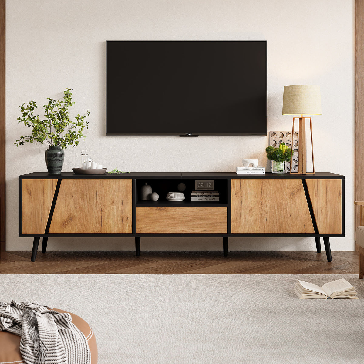 Wood & Black TV Unit – 180cm, Push-to-Open Doors, for TVs up to 75"