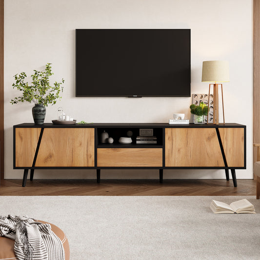 Wood & Black TV Unit – 180cm, Push-to-Open Doors, for TVs up to 75"