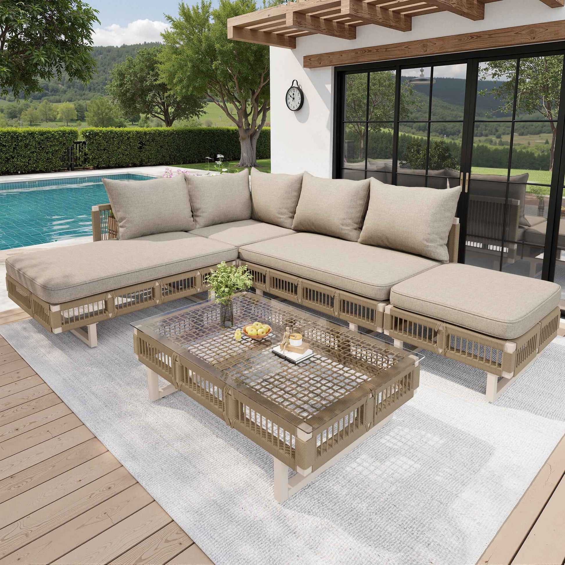 VOIOR Modular Rope-Woven Outdoor Sofa Set With Tempered Glass Coffee Table