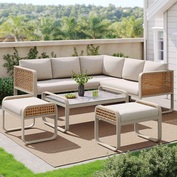 RIDO Outdoor Garden Lounge Set, Rattan Furniture Set For 6-7 People  Beige