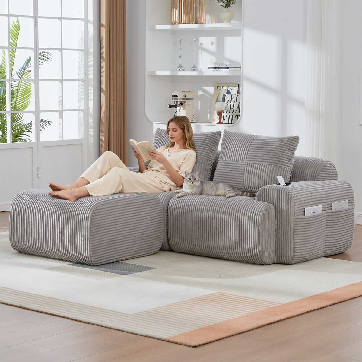 CORA light grey modular corduroy sofa with ottomans