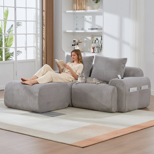 CORA light grey modular corduroy sofa with ottomans