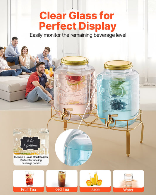 Beverage Dispenser, 2 Pack 8L Drink Dispensers , Glass Juice Dispenser With Metal Stand, Stainless Steel Spigot