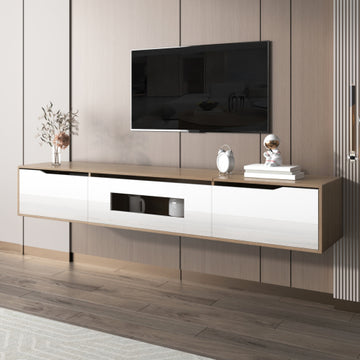 White & Wood High-Gloss TV Cabinet with LED Lights – 180cm