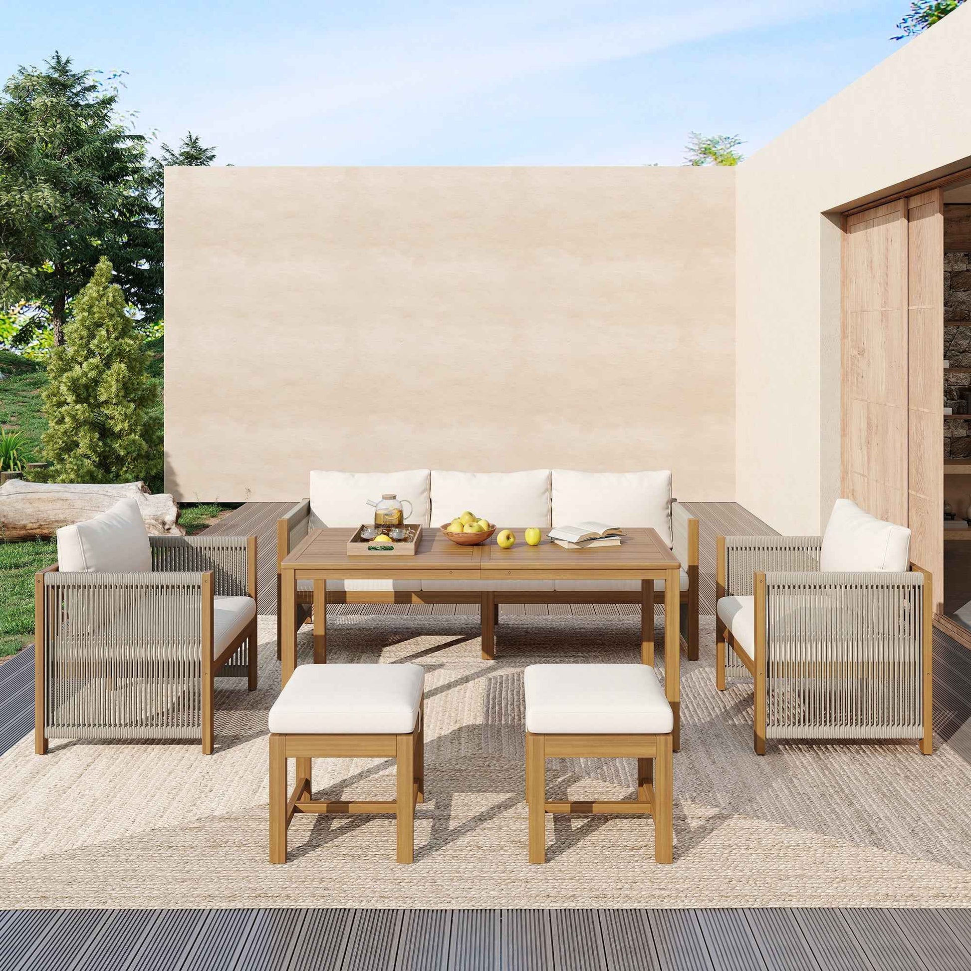 7-Seater Garden Lounge & Dining Set, Acacia Wood Frame Outdoor Patio Furniture