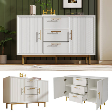 Sideboard Cabinet  Chest Of Drawers With With 2 Doors And 3 Drawers, Adjustable Shelf, White, 40D X 120W X 75H CM
