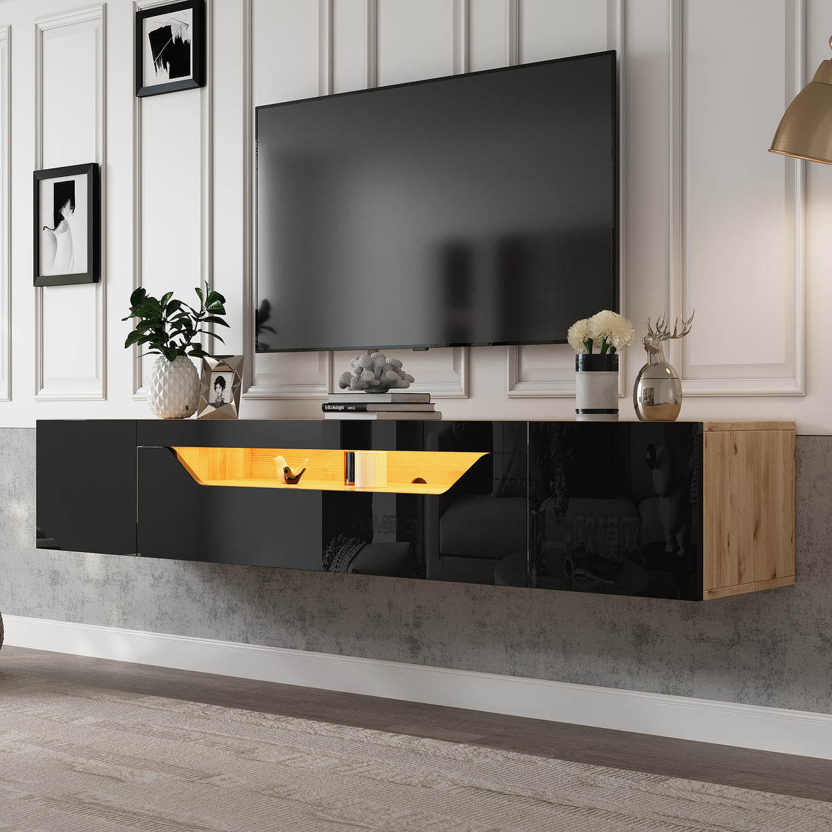 Floating TV Unit with LED Lights – 180cm Wall-Mounted, High-Gloss Black & Wood