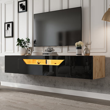 Floating TV Unit with LED Lights – 180cm Wall-Mounted, High-Gloss Black & Wood