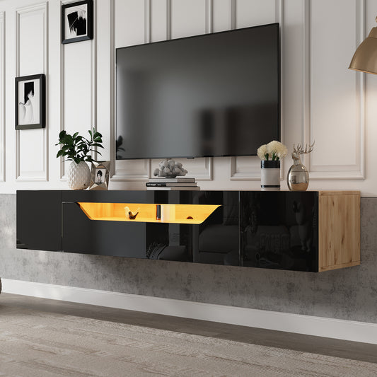 Floating TV Unit with LED Lights – 180cm Wall-Mounted, High-Gloss Black & Wood
