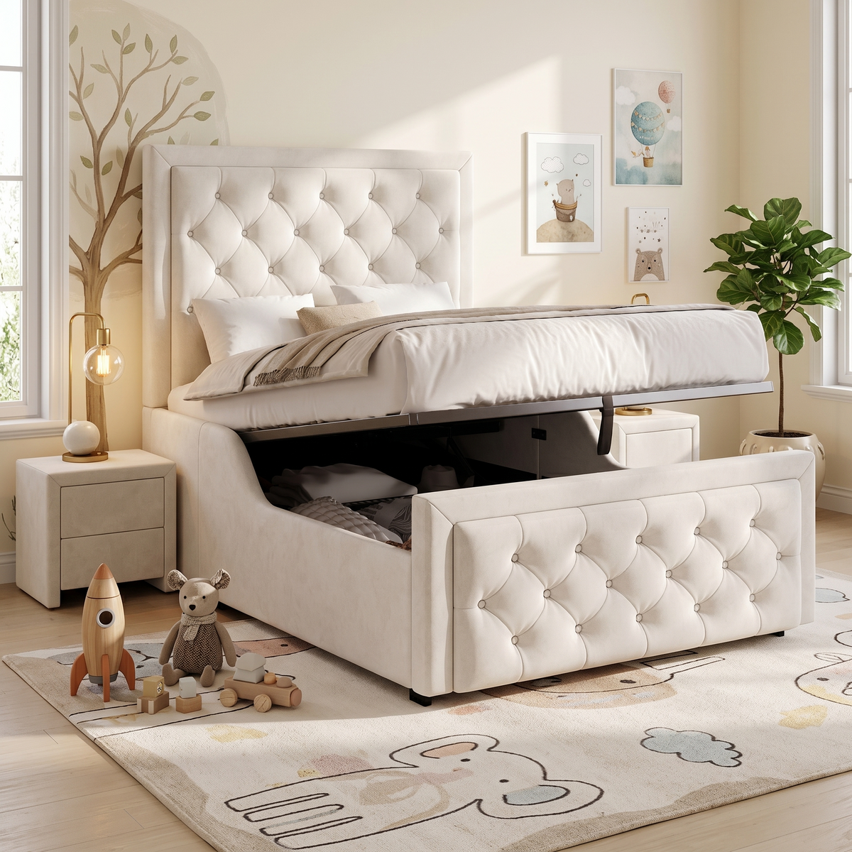 Beige Velvet Ottoman Storage Bed – 3ft Single (90 x 190cm), Buttoned Headboard