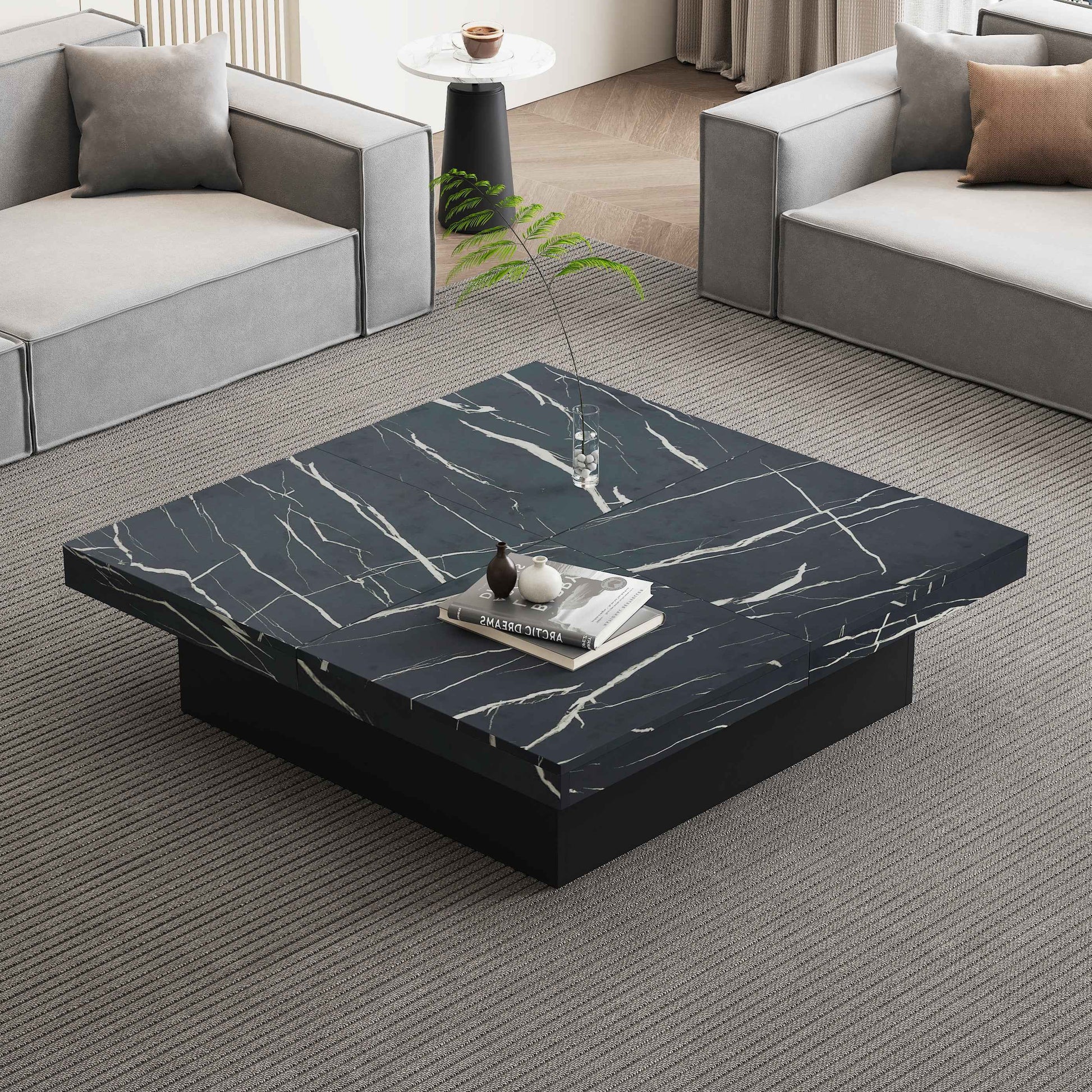 PORTO Modern Square Coffee Table With Marble Look, Centre Tea Table With 4 Sliding Drawers, 90x90 , Black