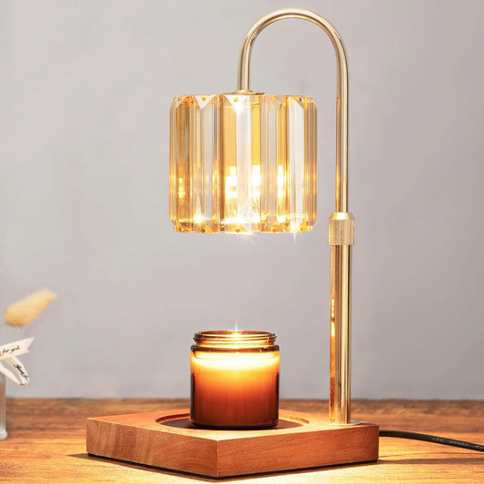 Amber glass candle warmer lamp on solid-wood base – image 1