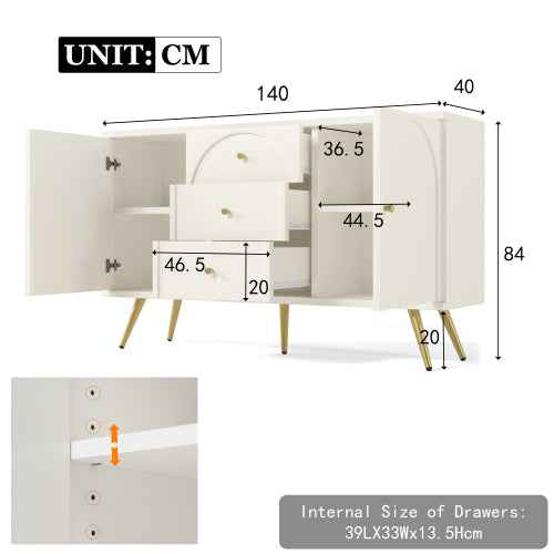 Sideboard Cabinet 140cm | 2 Doors, 3 Drawers, Cream White